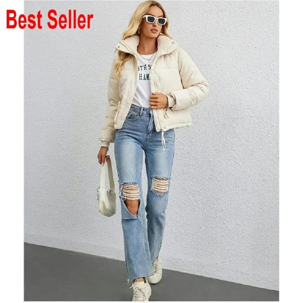 Cropped Puffer Jacket Stand Collar Winter Warm Quilted Lightweight Cozy